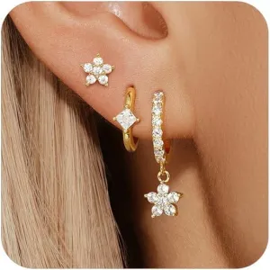 Angelady Gold Hoop Earrings Set for Women, Dainty 14K Gold Plated Flower Moon Cross Dangle Earrings, Hypoallergenic Huggie Hoop Earring Stacks, Stud Earrings for Women Trendy Jewelry Gift