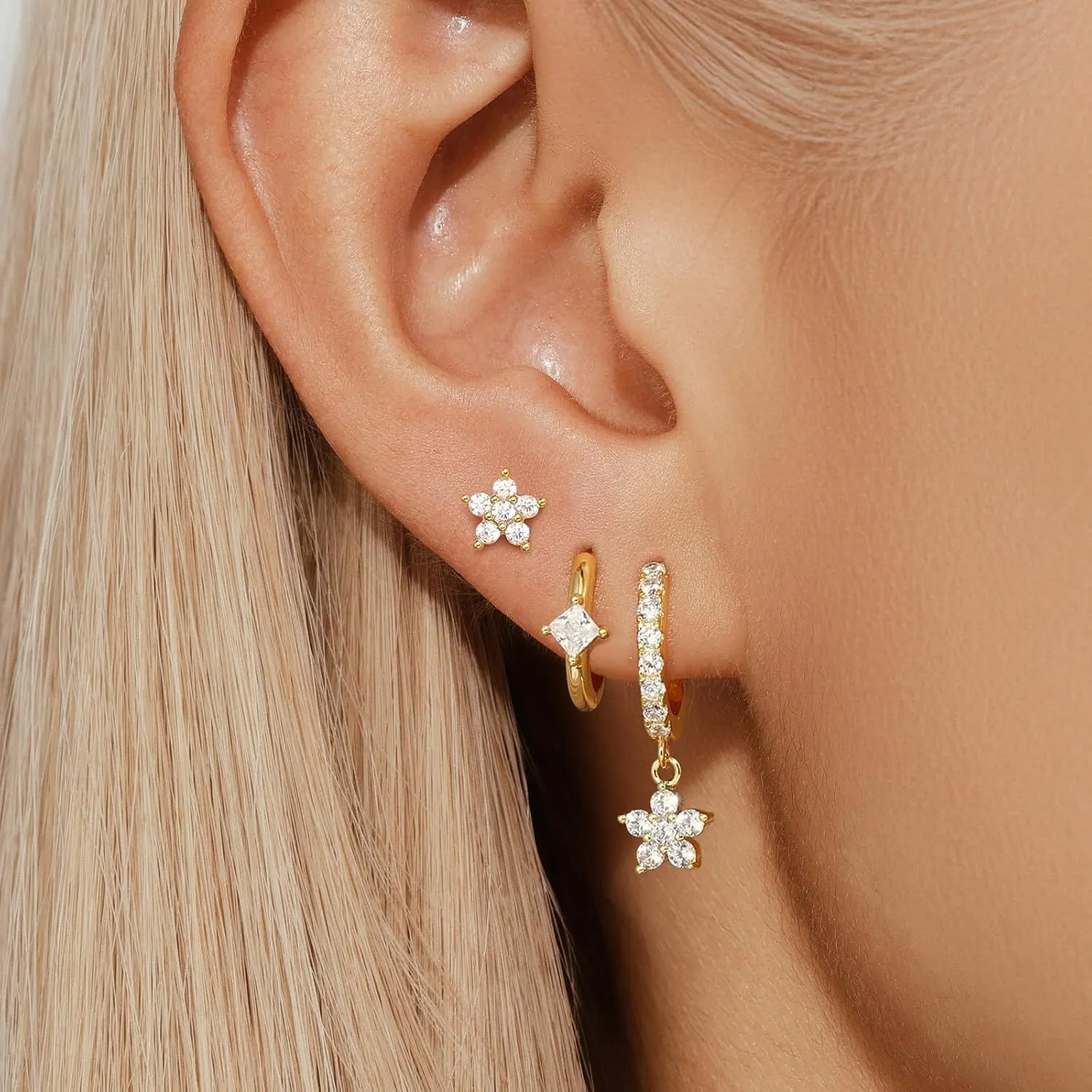 Angelady Gold Hoop Earrings Set for Women, Dainty 14K Gold Plated Flower Moon Cross Dangle Earrings, Hypoallergenic Huggie Hoop Earring Stacks, Stud Earrings for Women Trendy Jewelry Gift