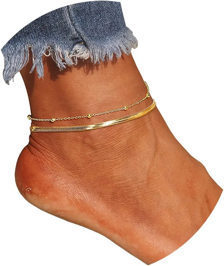 Ankle Bracelets for Women,18K Gold Plated Layered Beads Snake Chain Anklet for Women,Summer Beach Dainty Anklets Foot Jewelry Gift