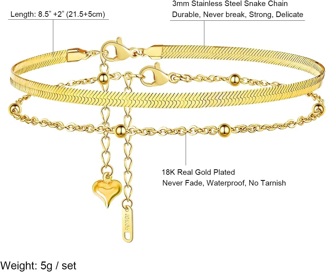 Ankle Bracelets for Women,18K Gold Plated Layered Beads Snake Chain Anklet for Women,Summer Beach Dainty Anklets Foot Jewelry Gift