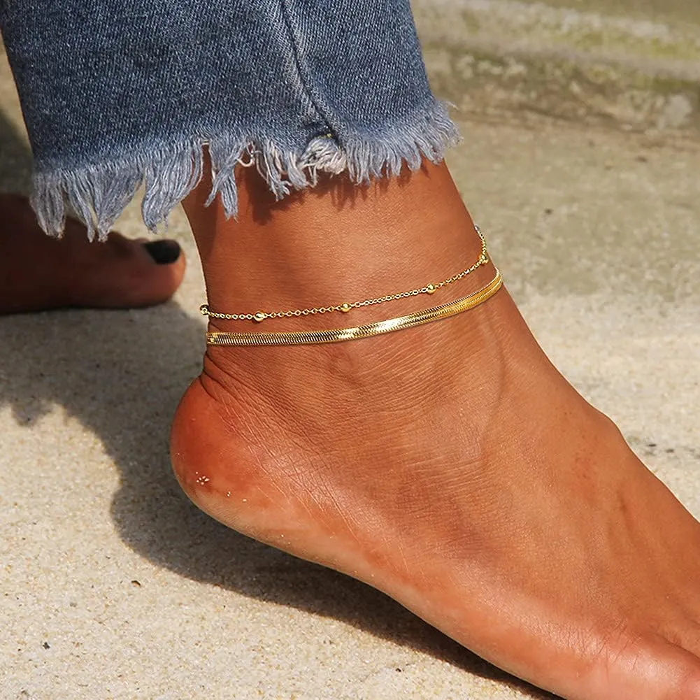 Ankle Bracelets for Women,18K Gold Plated Layered Beads Snake Chain Anklet for Women,Summer Beach Dainty Anklets Foot Jewelry Gift