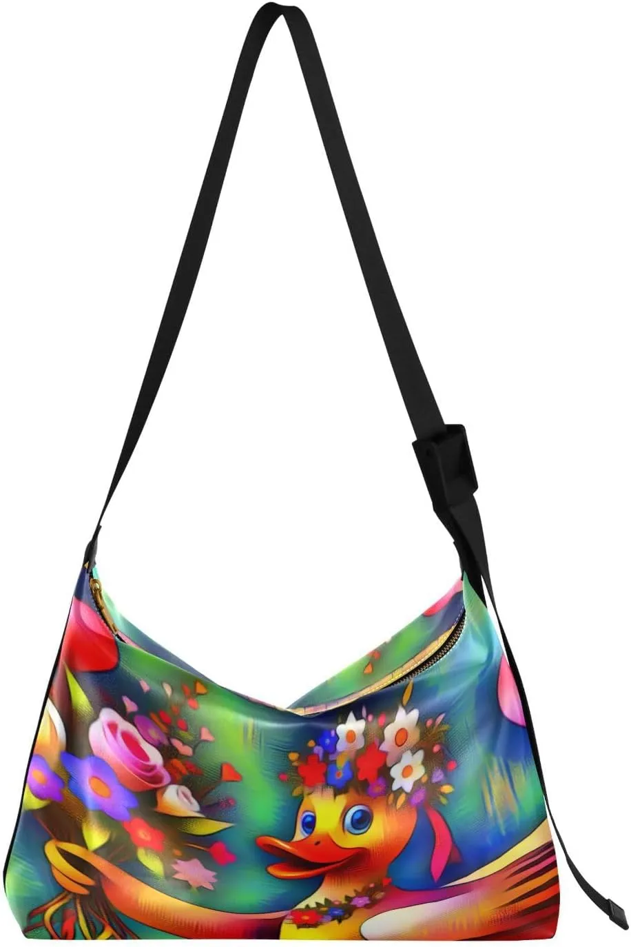 Art Valentines Day Duck Hobo Crossbody Bags for Women Leather Large Shoulder Bag Cross Body Flower Heart Multicoloured Trendy Womens Tote Bags Handbag for Travel Shopping