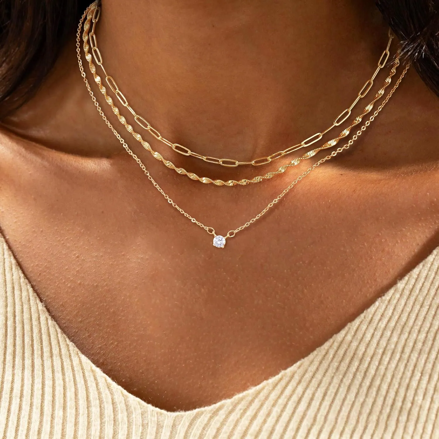ASCOMY Layered Necklaces for Women Gold Necklace 14K Gold/Silver Plated Pendant Necklace Layered Cross Necklace Paperclip Rope Bead Box Satellite Dot Chain Necklaces Gold Choker Trendy Jewelry Gift