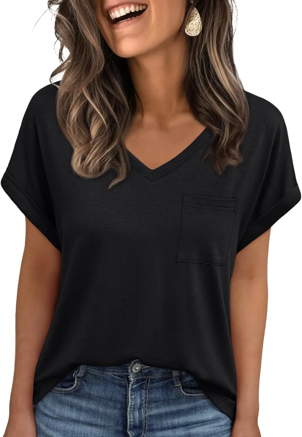 AUTOMET Womens Tops Short Sleeve V Neck Shirts with Chest Pockets Loose Casual Basic Tees Summer Clothes Outfits 2025