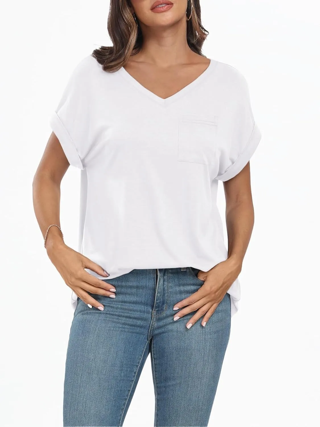 AUTOMET Womens Tops Short Sleeve V Neck Shirts with Chest Pockets Loose Casual Basic Tees Summer Clothes Outfits 2025