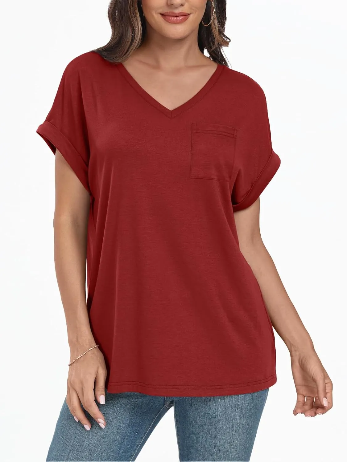 AUTOMET Womens Tops Short Sleeve V Neck Shirts with Chest Pockets Loose Casual Basic Tees Summer Clothes Outfits 2025