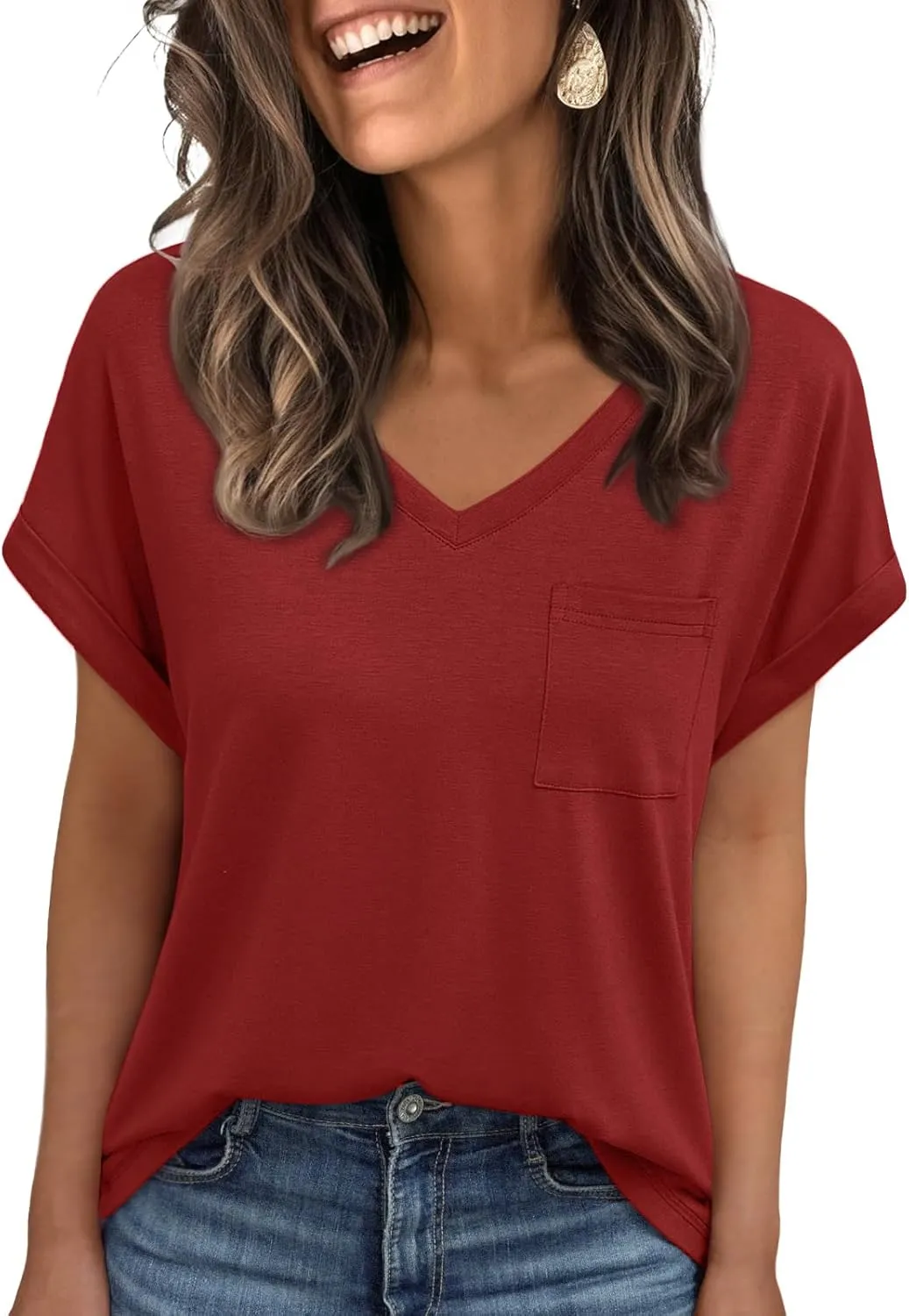 AUTOMET Womens Tops Short Sleeve V Neck Shirts with Chest Pockets Loose Casual Basic Tees Summer Clothes Outfits 2025