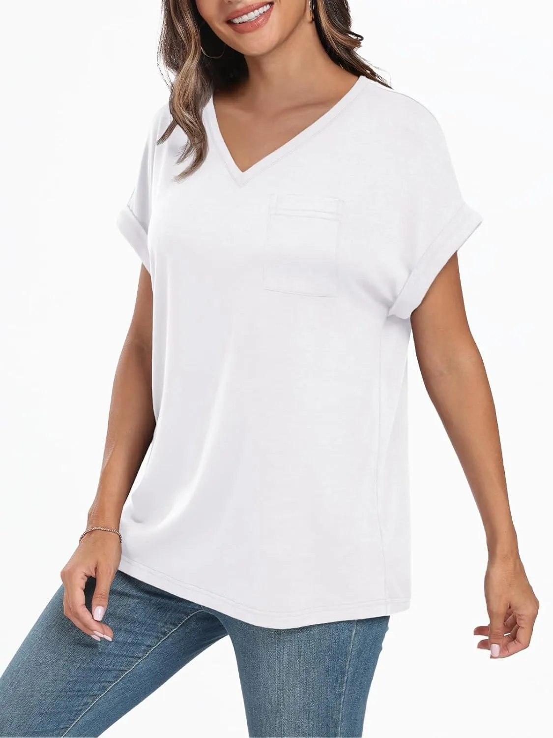 AUTOMET Womens Tops Short Sleeve V Neck Shirts with Chest Pockets Loose Casual Basic Tees Summer Clothes Outfits 2025