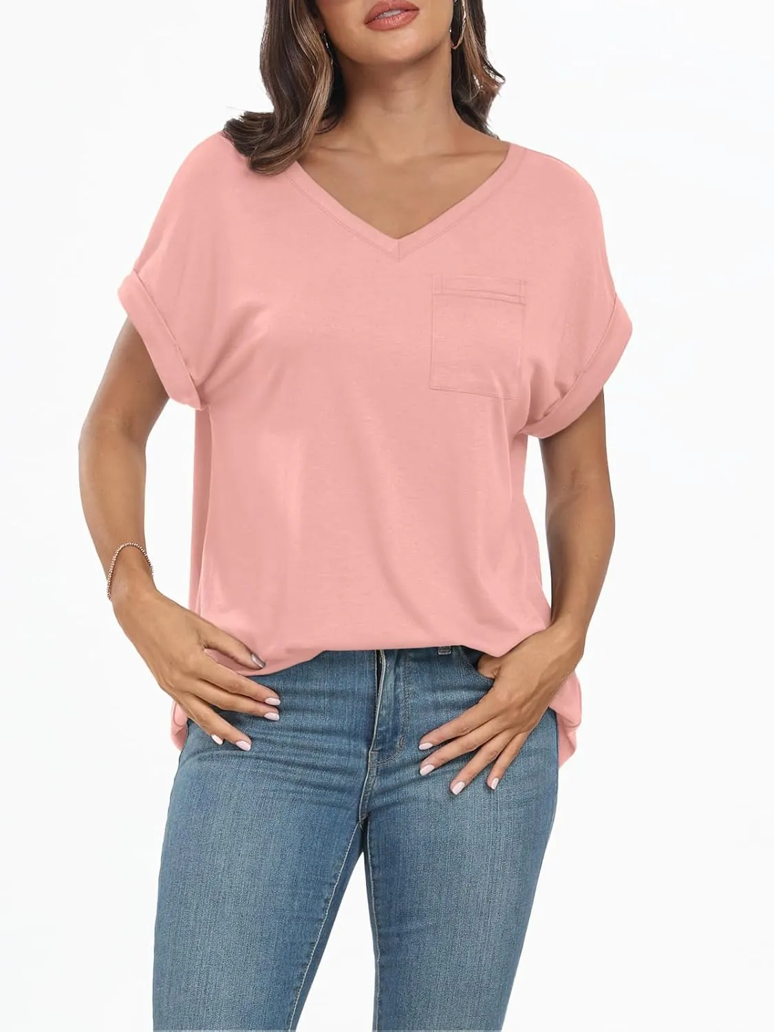 AUTOMET Womens Tops Short Sleeve V Neck Shirts with Chest Pockets Loose Casual Basic Tees Summer Clothes Outfits 2025