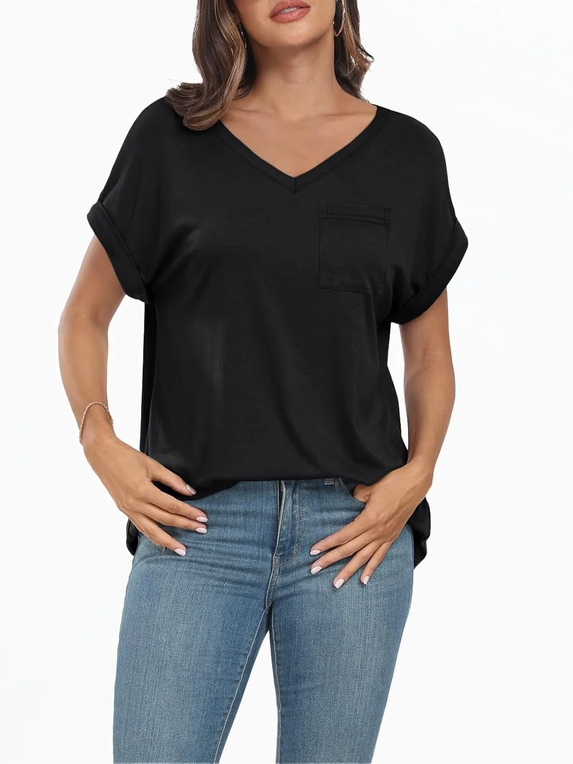 AUTOMET Womens Tops Short Sleeve V Neck Shirts with Chest Pockets Loose Casual Basic Tees Summer Clothes Outfits 2025