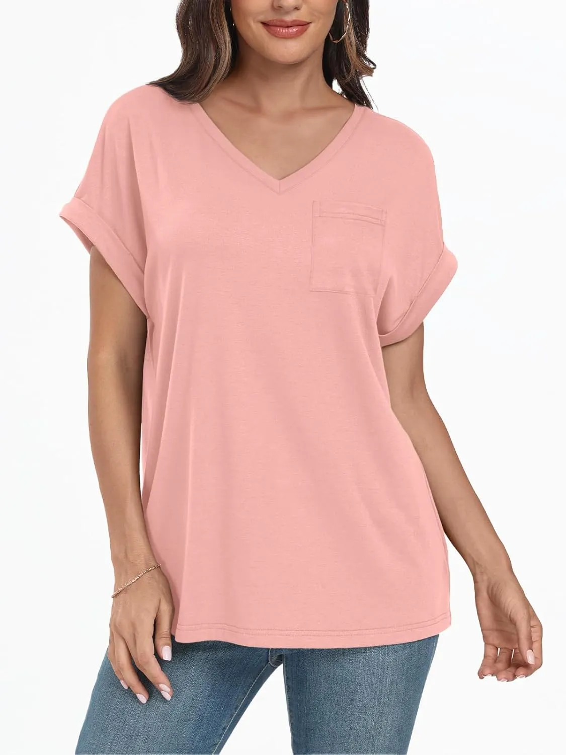 AUTOMET Womens Tops Short Sleeve V Neck Shirts with Chest Pockets Loose Casual Basic Tees Summer Clothes Outfits 2025