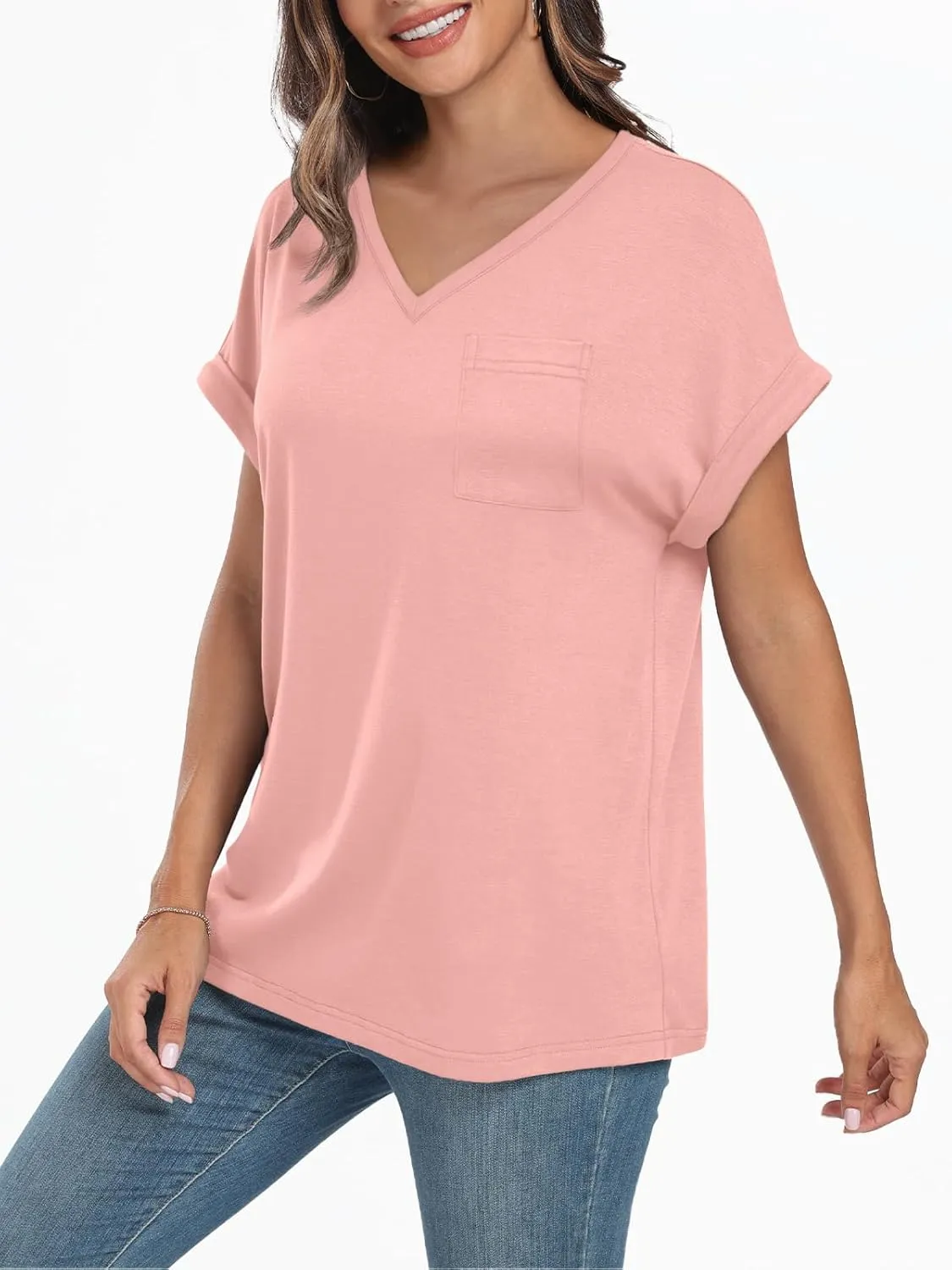 AUTOMET Womens Tops Short Sleeve V Neck Shirts with Chest Pockets Loose Casual Basic Tees Summer Clothes Outfits 2025