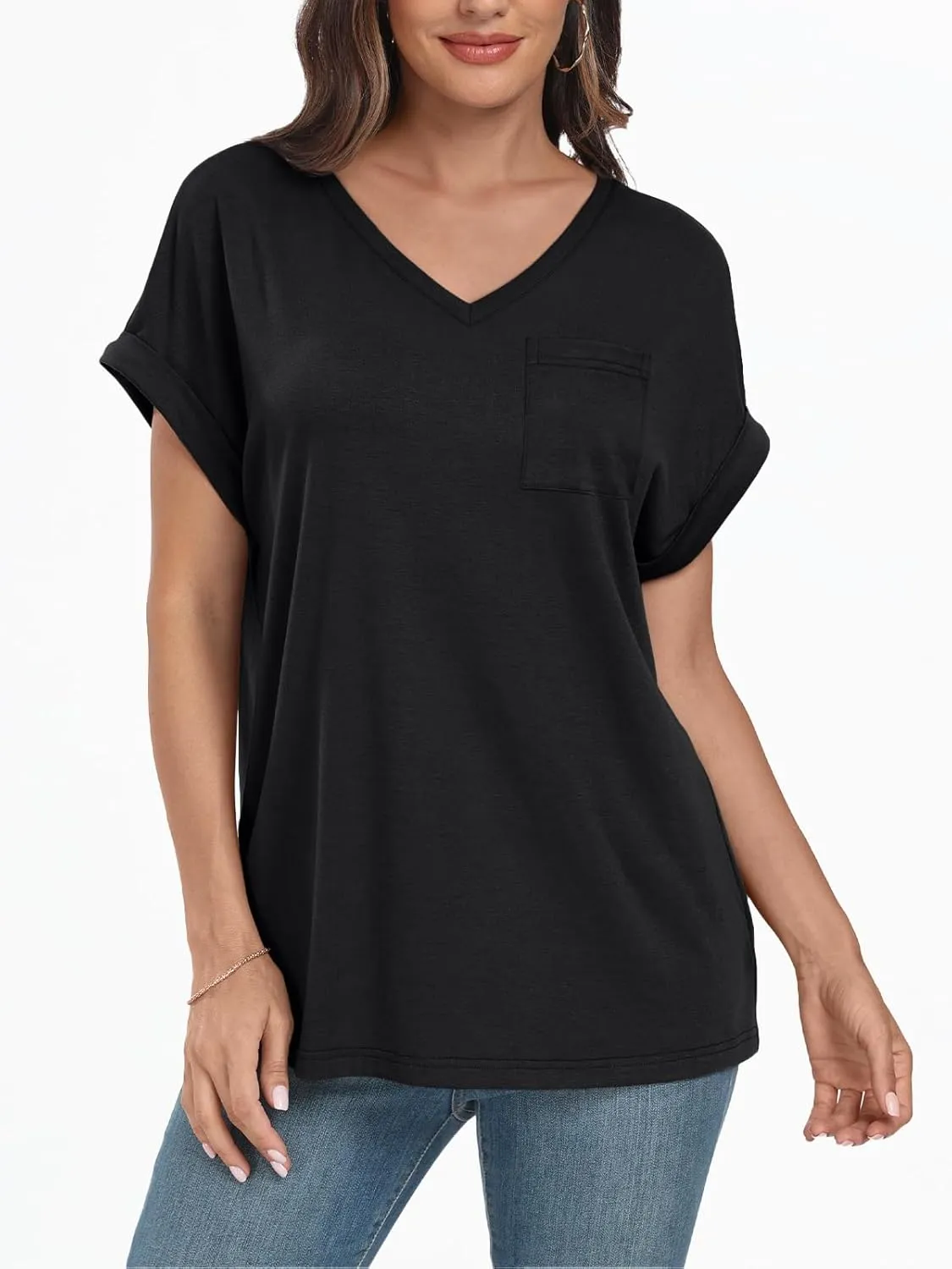 AUTOMET Womens Tops Short Sleeve V Neck Shirts with Chest Pockets Loose Casual Basic Tees Summer Clothes Outfits 2025