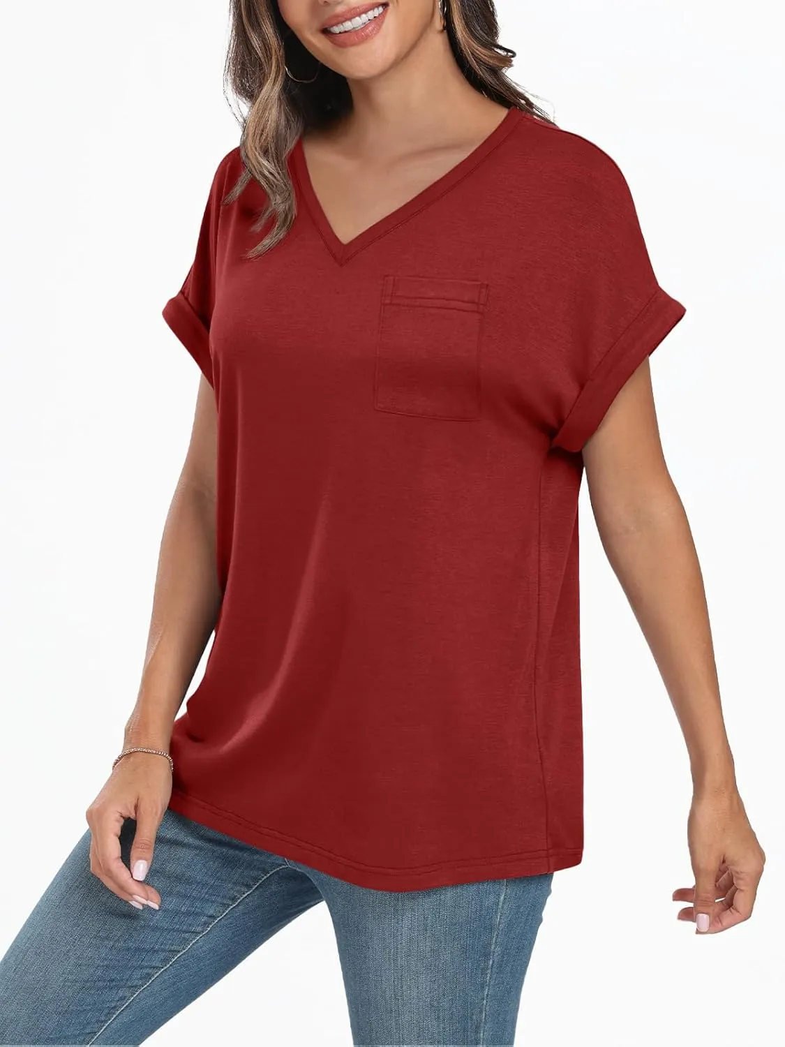 AUTOMET Womens Tops Short Sleeve V Neck Shirts with Chest Pockets Loose Casual Basic Tees Summer Clothes Outfits 2025