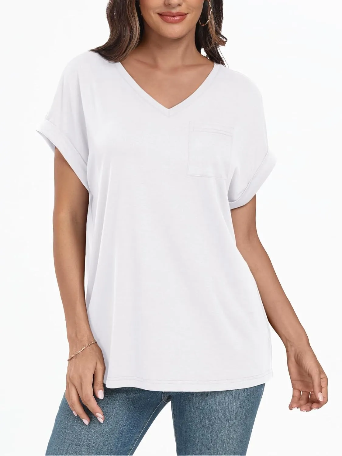 AUTOMET Womens Tops Short Sleeve V Neck Shirts with Chest Pockets Loose Casual Basic Tees Summer Clothes Outfits 2025