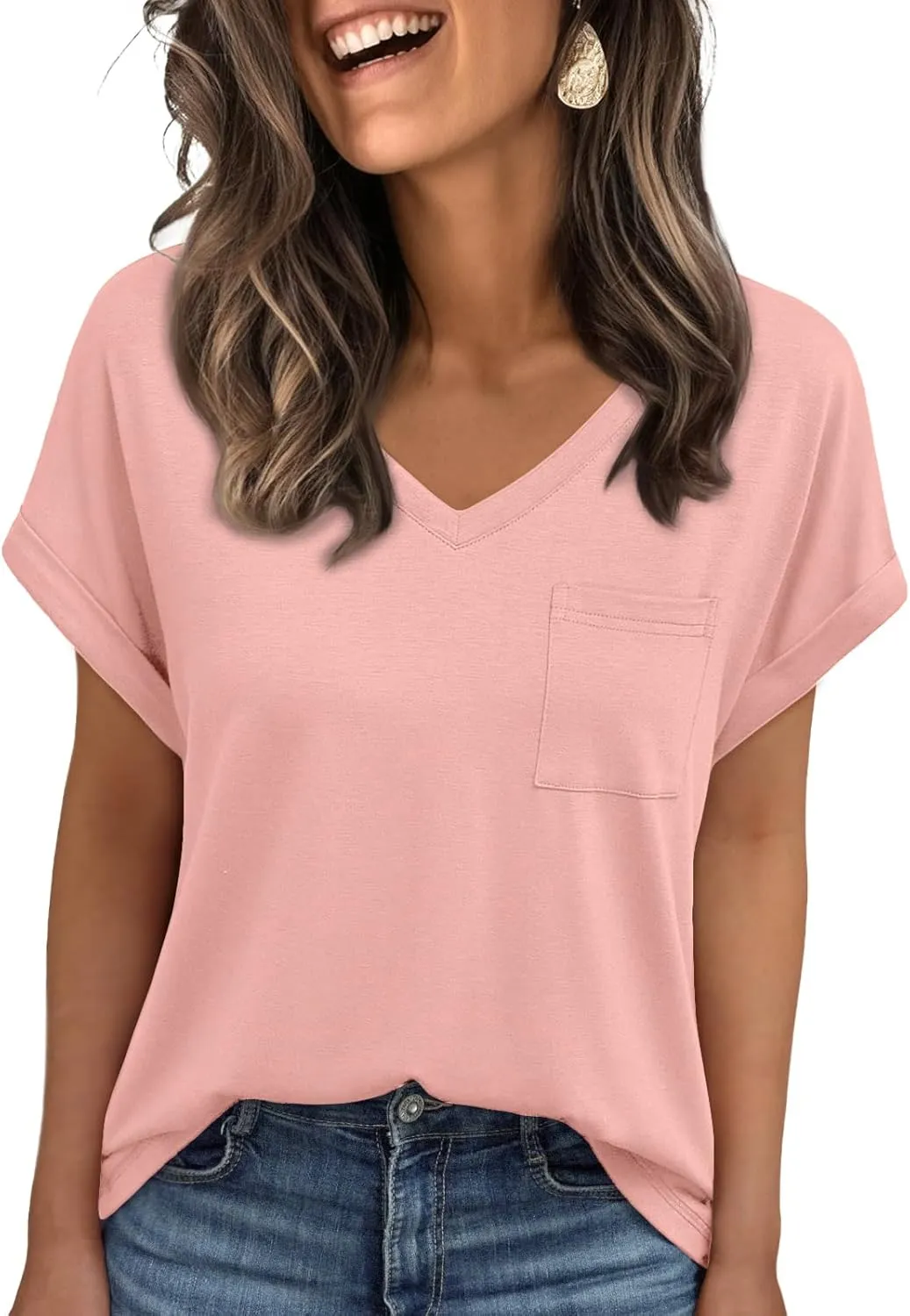 AUTOMET Womens Tops Short Sleeve V Neck Shirts with Chest Pockets Loose Casual Basic Tees Summer Clothes Outfits 2025