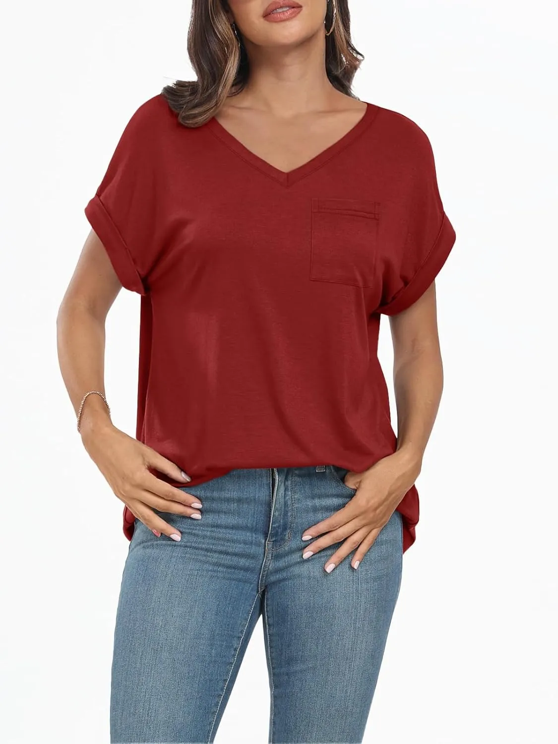 AUTOMET Womens Tops Short Sleeve V Neck Shirts with Chest Pockets Loose Casual Basic Tees Summer Clothes Outfits 2025