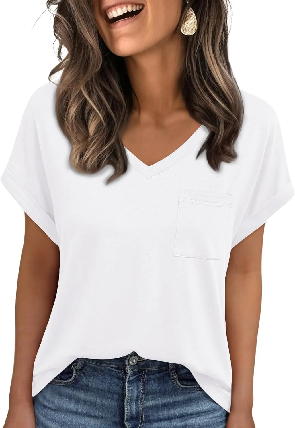 AUTOMET Womens Tops Short Sleeve V Neck Shirts with Chest Pockets Loose Casual Basic Tees Summer Clothes Outfits 2025
