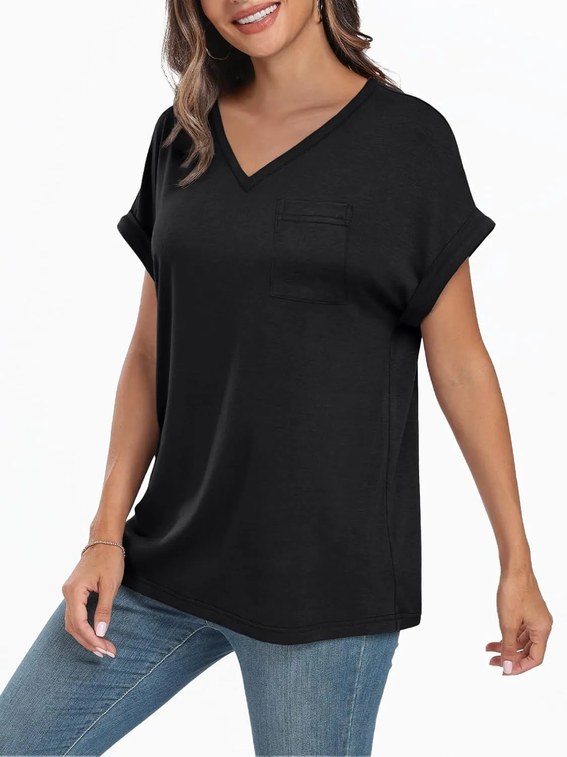 AUTOMET Womens Tops Short Sleeve V Neck Shirts with Chest Pockets Loose Casual Basic Tees Summer Clothes Outfits 2025
