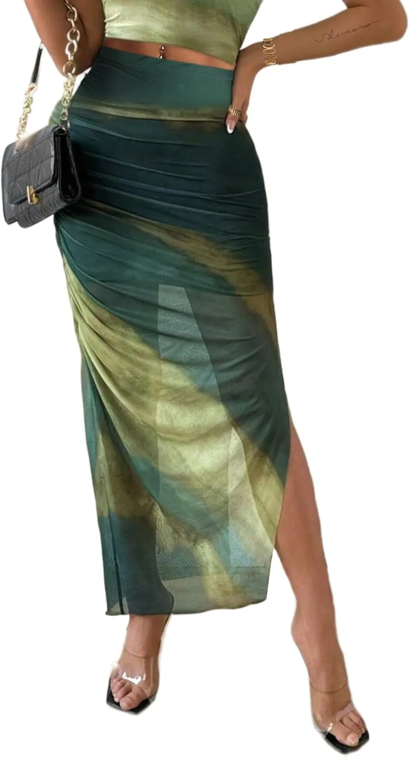 Avanova Womens Tie Dye Mesh Side Split Long Skirts High Waisted Maxi Skirts Green Medium
