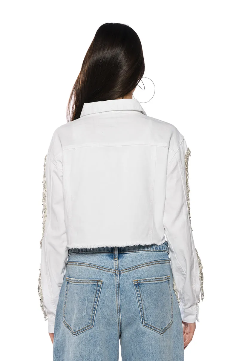 AZALEA WANG CUT OUT ARM RHINESTONE DENIM JACKET