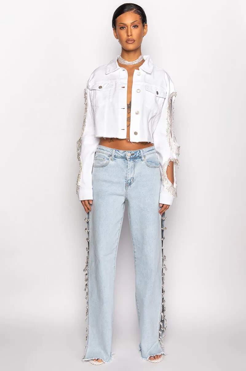 AZALEA WANG CUT OUT ARM RHINESTONE DENIM JACKET