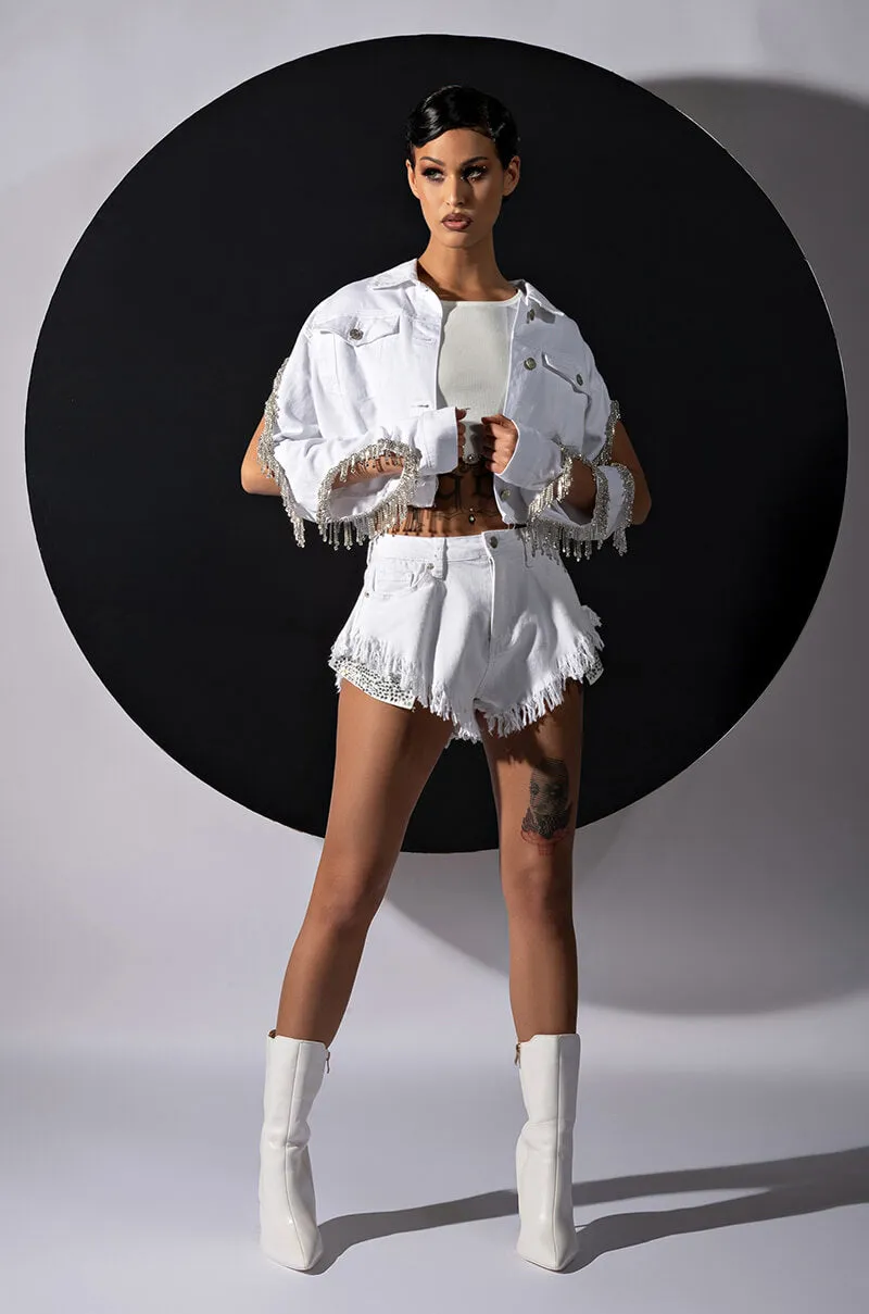 AZALEA WANG CUT OUT ARM RHINESTONE DENIM JACKET