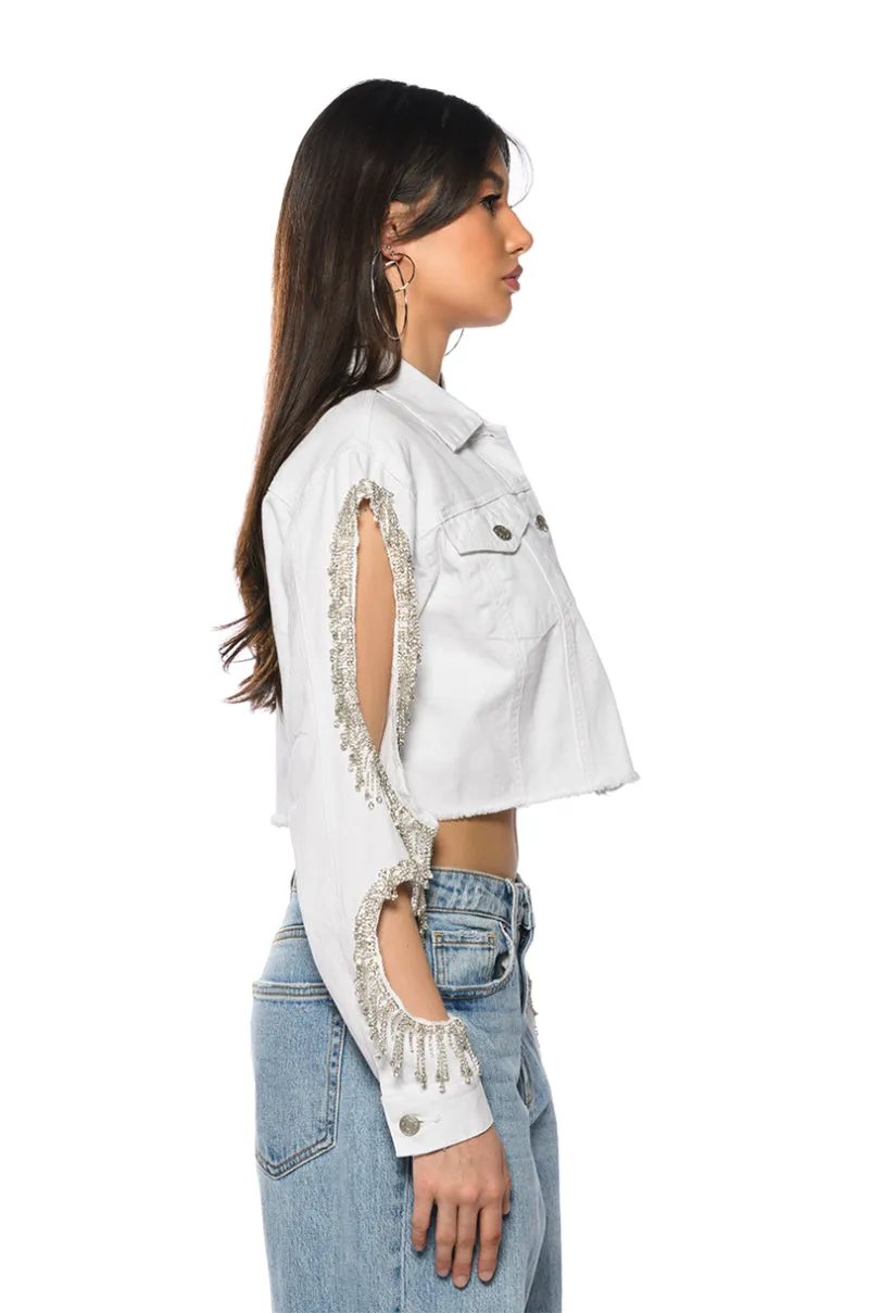 AZALEA WANG CUT OUT ARM RHINESTONE DENIM JACKET