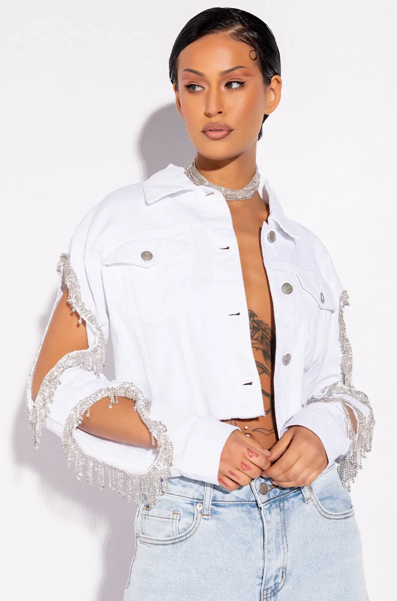 AZALEA WANG CUT OUT ARM RHINESTONE DENIM JACKET