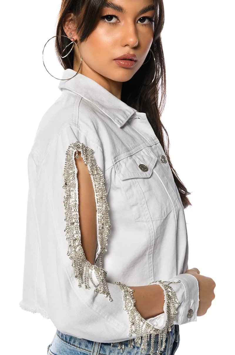 AZALEA WANG CUT OUT ARM RHINESTONE DENIM JACKET