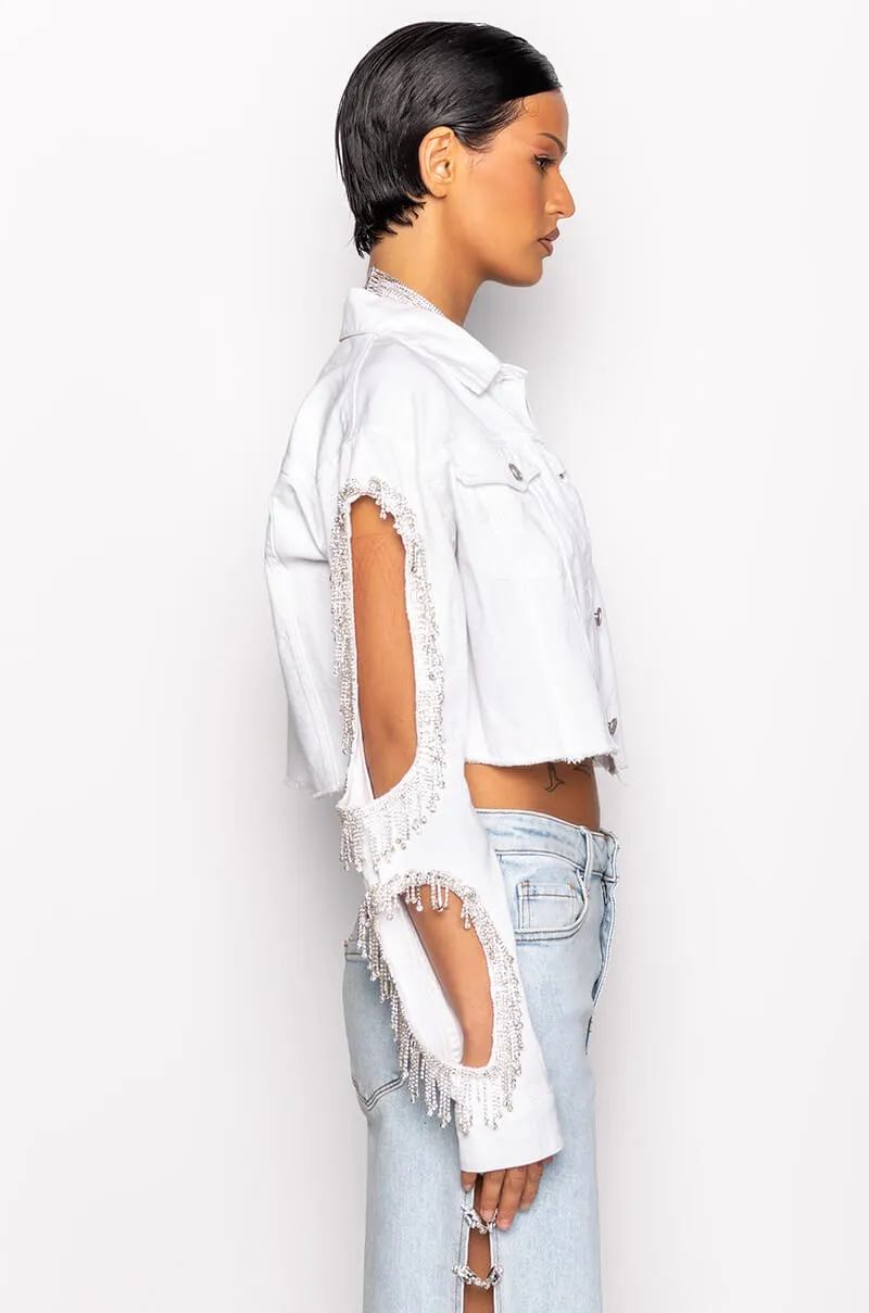 AZALEA WANG CUT OUT ARM RHINESTONE DENIM JACKET