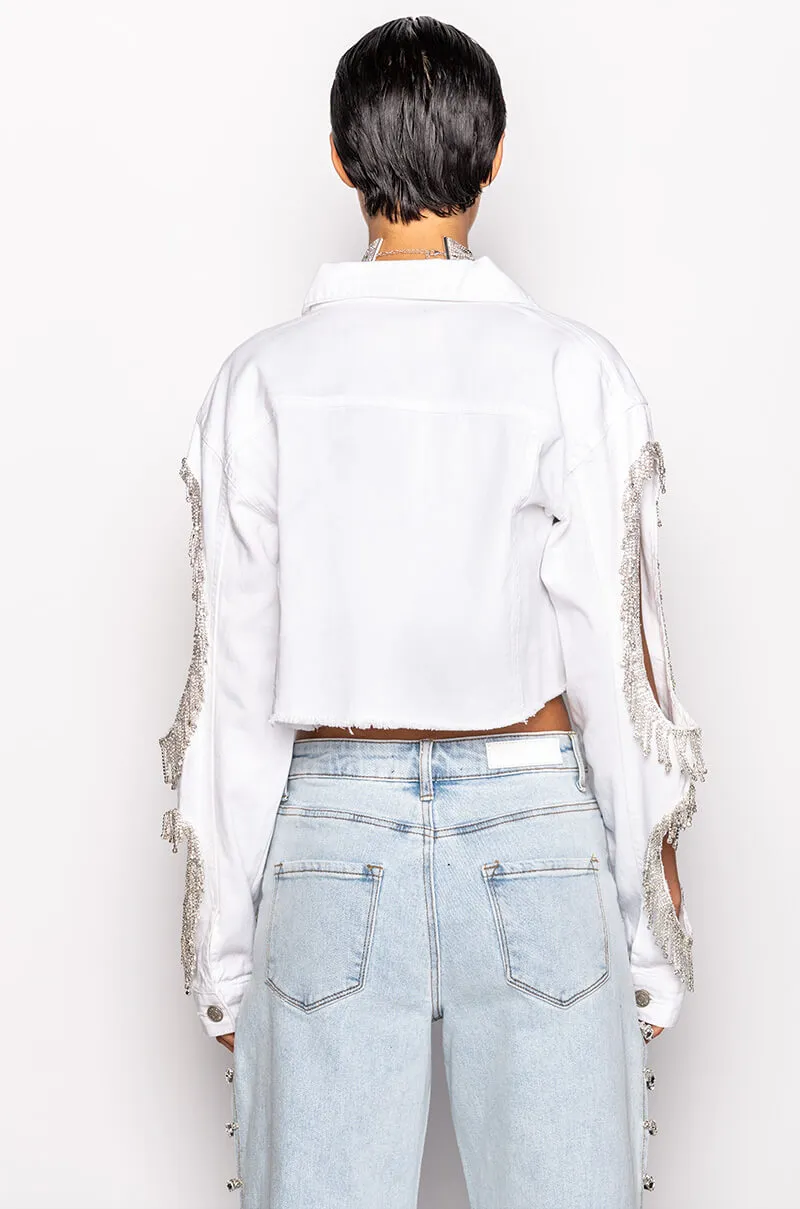 AZALEA WANG CUT OUT ARM RHINESTONE DENIM JACKET