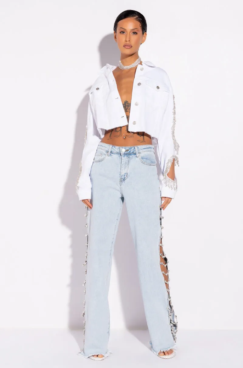 AZALEA WANG CUT OUT ARM RHINESTONE DENIM JACKET