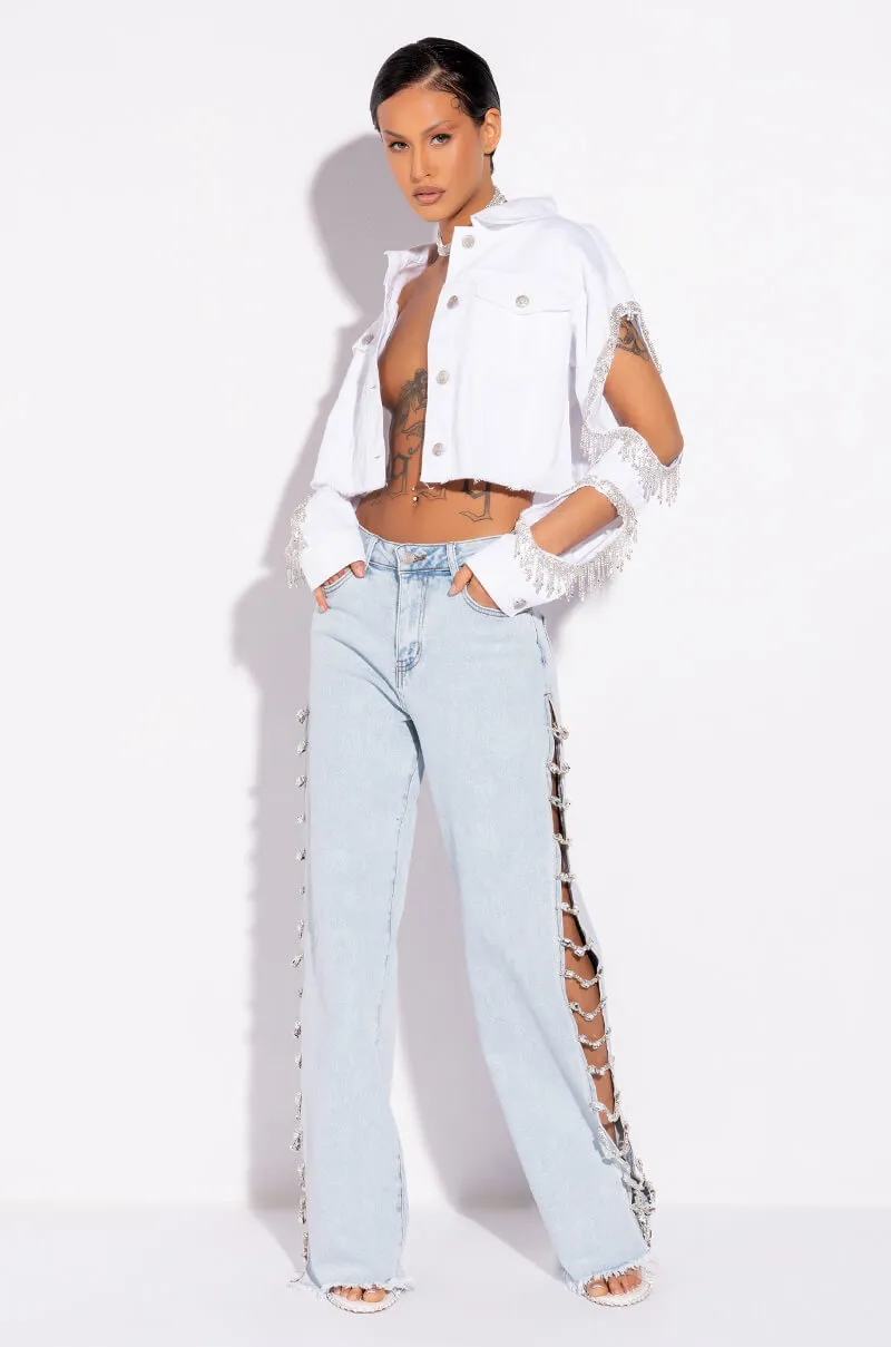 AZALEA WANG CUT OUT ARM RHINESTONE DENIM JACKET