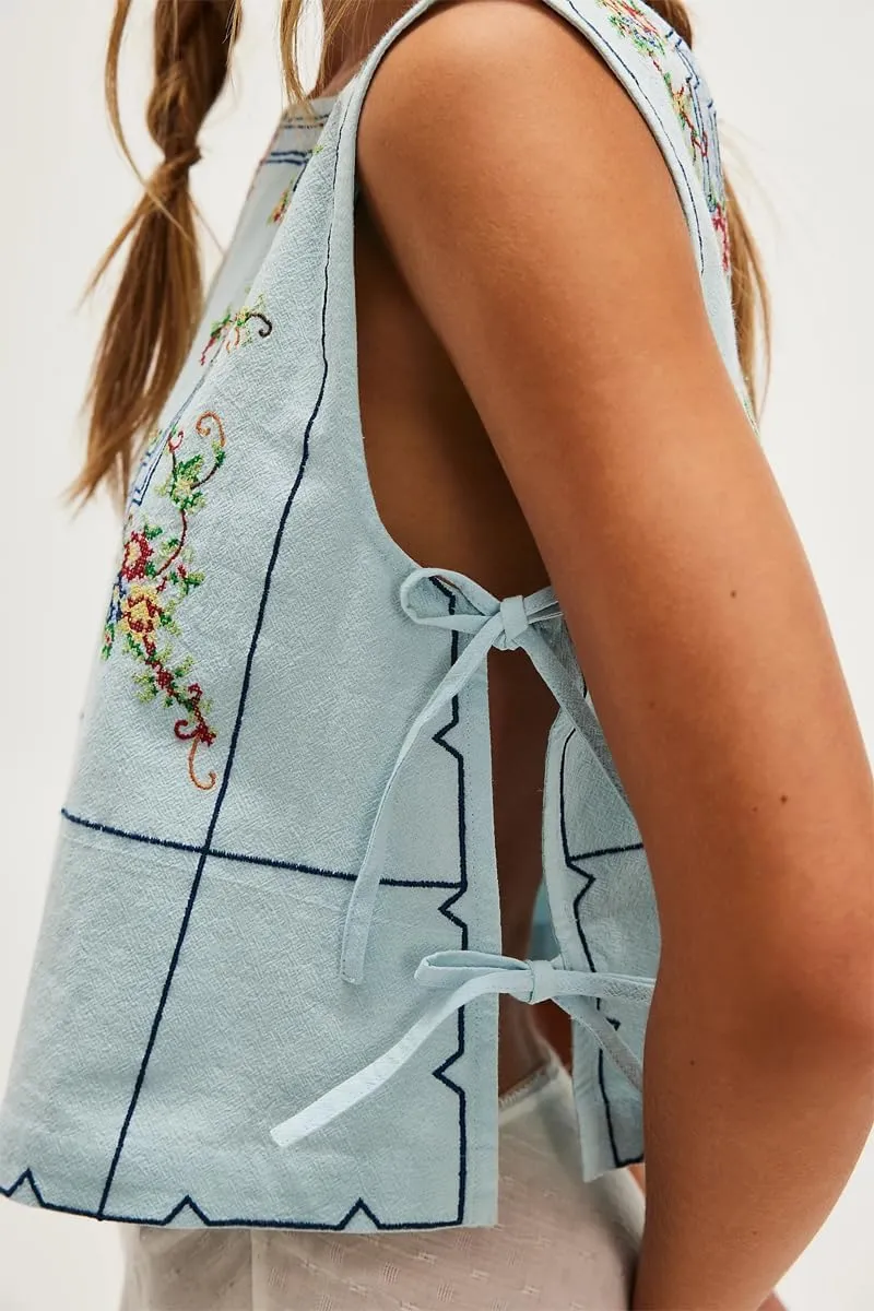 Babydoll Tie Front Tank Tops Women Sleeveless Crop Vest Floral Embroidered Sexy Y2k Bow Going Out Shirt