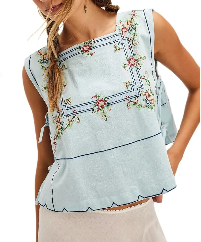 Babydoll Tie Front Tank Tops Women Sleeveless Crop Vest Floral Embroidered Sexy Y2k Bow Going Out Shirt