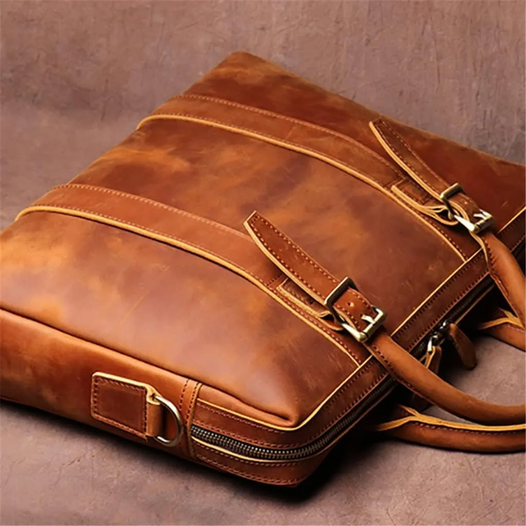 Bags Briefcase Men Shoulder Man Handbag Genuine Leather Brown Casual 15.6 Inch Laptop Bag