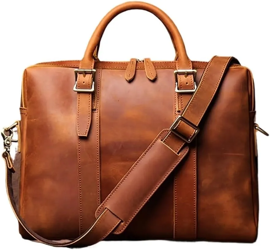 Bags Briefcase Men Shoulder Man Handbag Genuine Leather Brown Casual 15.6 Inch Laptop Bag
