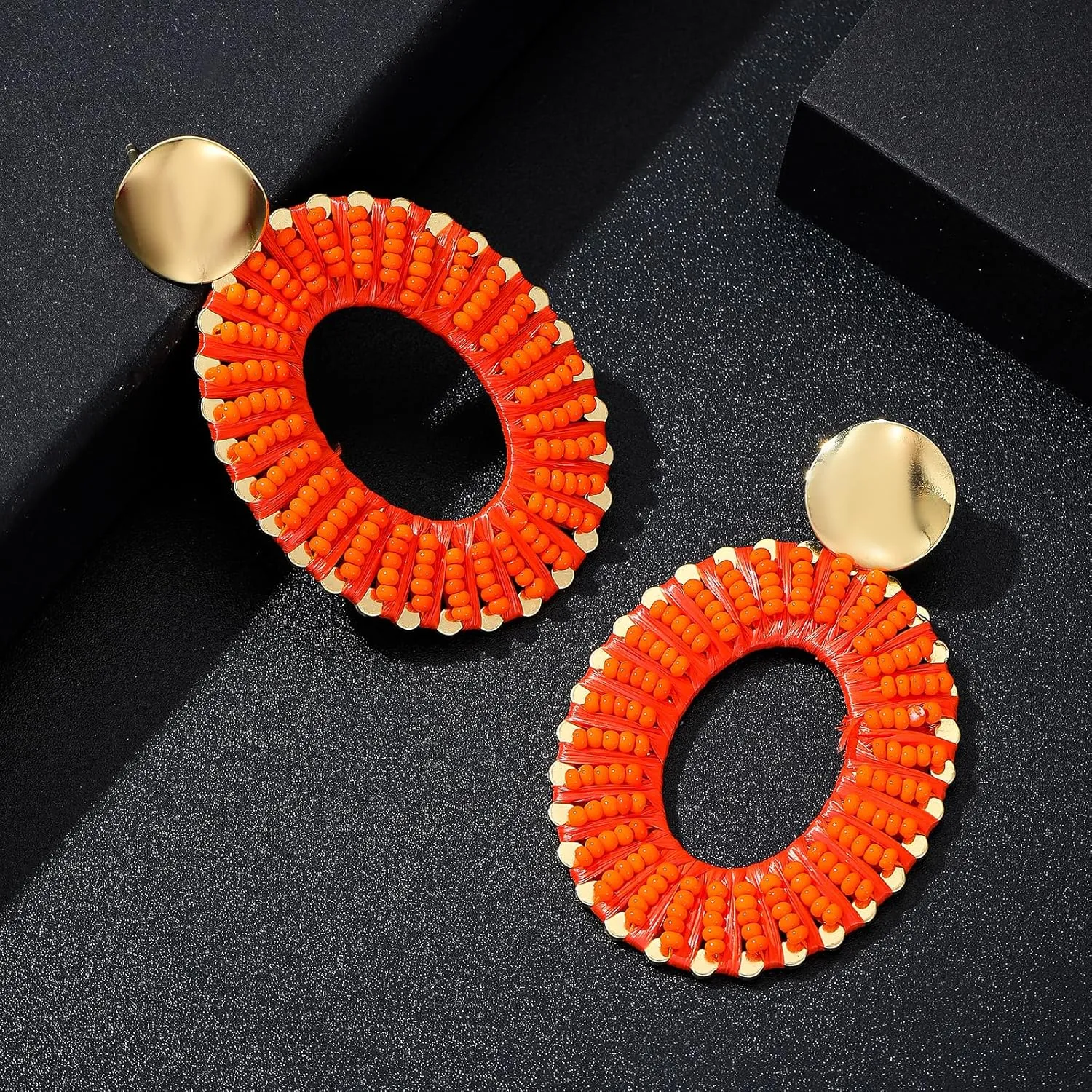 Beaded Raffia Earrings Statement Boho Earrings Handmade Seed Bead Earrings Oval Dangle Earrings Jewelry for Women