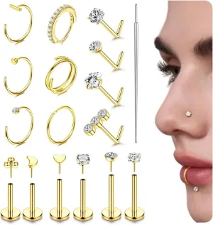 BESTEEL 14K Gold Filled Nose Rings Studs for Women Men - 316L Surgical Steel Threadless Push in Flat Back Earrings - Hypoallergenic Nose Rings Hoops Cartilage Helix Tragus Nostril Piercing Jewelry 18G 20G