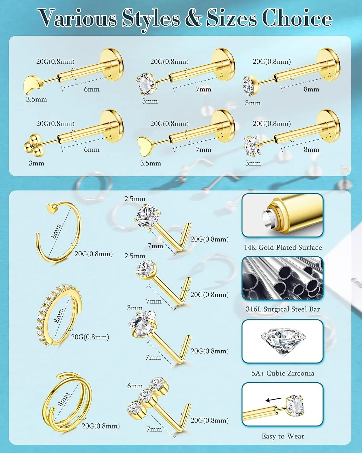 BESTEEL 14K Gold Filled Nose Rings Studs for Women Men - 316L Surgical Steel Threadless Push in Flat Back Earrings - Hypoallergenic Nose Rings Hoops Cartilage Helix Tragus Nostril Piercing Jewelry 18G 20G