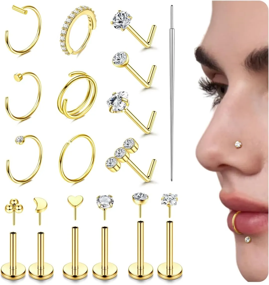 BESTEEL 14K Gold Filled Nose Rings Studs for Women Men - 316L Surgical Steel Threadless Push in Flat Back Earrings - Hypoallergenic Nose Rings Hoops Cartilage Helix Tragus Nostril Piercing Jewelry 18G 20G