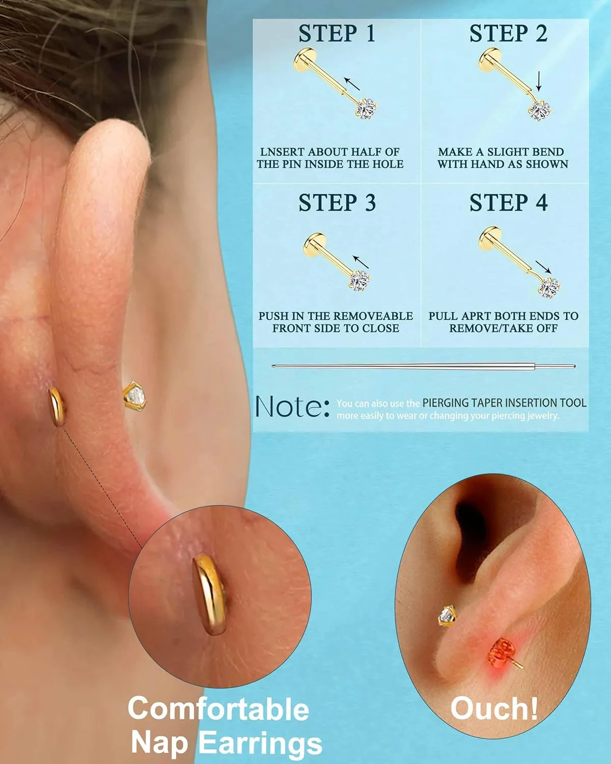 BESTEEL 14K Gold Filled Nose Rings Studs for Women Men - 316L Surgical Steel Threadless Push in Flat Back Earrings - Hypoallergenic Nose Rings Hoops Cartilage Helix Tragus Nostril Piercing Jewelry 18G 20G