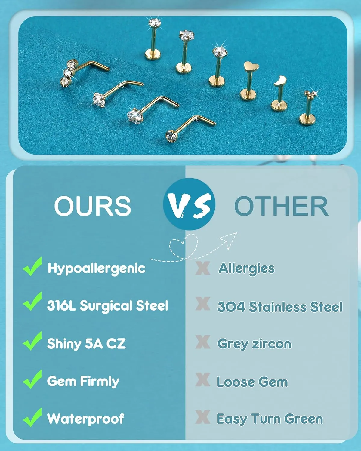 BESTEEL 14K Gold Filled Nose Rings Studs for Women Men - 316L Surgical Steel Threadless Push in Flat Back Earrings - Hypoallergenic Nose Rings Hoops Cartilage Helix Tragus Nostril Piercing Jewelry 18G 20G