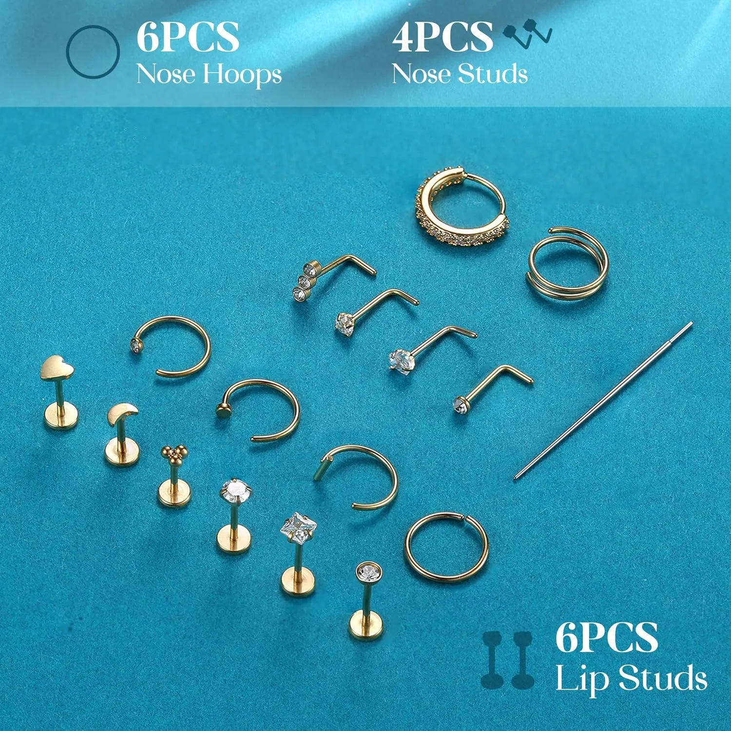 BESTEEL 14K Gold Filled Nose Rings Studs for Women Men - 316L Surgical Steel Threadless Push in Flat Back Earrings - Hypoallergenic Nose Rings Hoops Cartilage Helix Tragus Nostril Piercing Jewelry 18G 20G