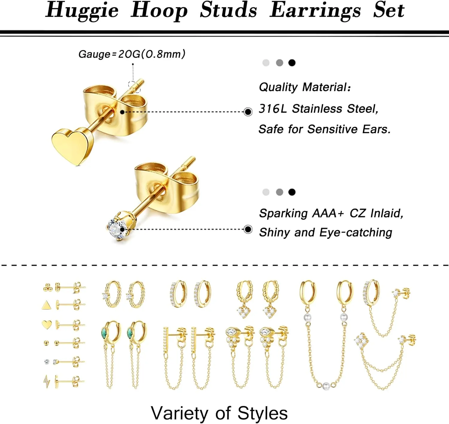 BESTEEL 27 PCS Dainty Gold Earrings Set for Women 14K Gold Plated Stud Huggie Hoop Earring Sets for Multiple Piercing Hypoallergenic Surgical Steel Small Dangle Chain Cartilage Earrings Stacks Pack