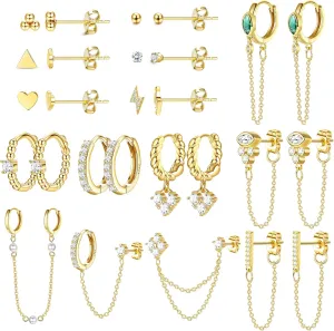 BESTEEL 27 PCS Dainty Gold Earrings Set for Women 14K Gold Plated Stud Huggie Hoop Earring Sets for Multiple Piercing Hypoallergenic Surgical Steel Small Dangle Chain Cartilage Earrings Stacks Pack