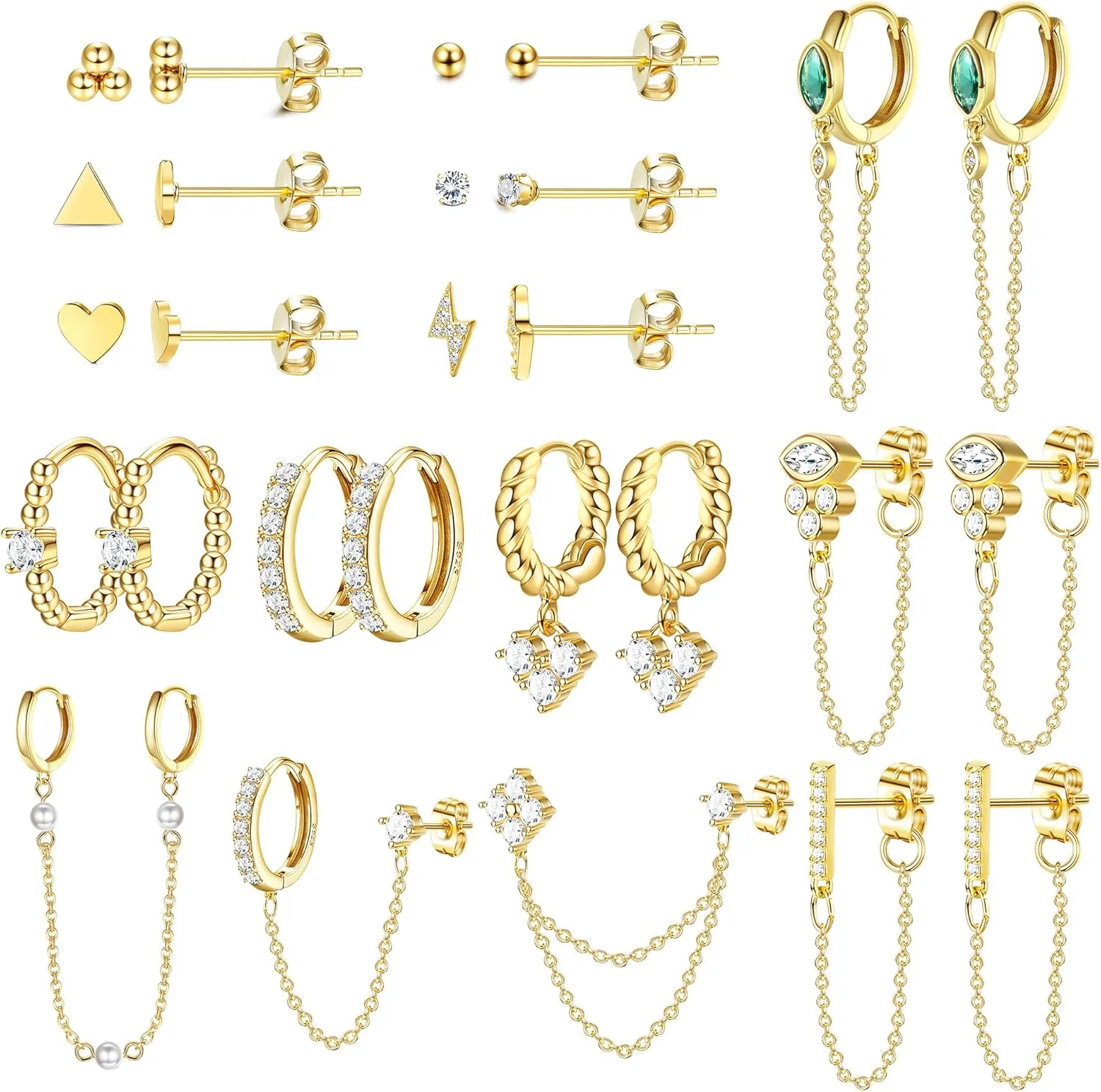 BESTEEL 27 PCS Dainty Gold Earrings Set for Women 14K Gold Plated Stud Huggie Hoop Earring Sets for Multiple Piercing Hypoallergenic Surgical Steel Small Dangle Chain Cartilage Earrings Stacks Pack