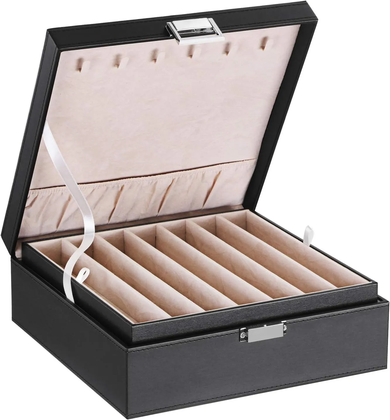 BEWISHOME Necklace Organizer Box Necklace Storage Organizer for Chains, Bracelets - 12 Compartments (7 regular   5 large), 6 Hooks, 2 Layers - Jewelry Box for Women Girls,Black SSH31B