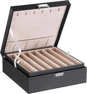 BEWISHOME Necklace Organizer Box Necklace Storage Organizer for Chains, Bracelets - 12 Compartments (7 regular   5 large), 6 Hooks, 2 Layers - Jewelry Box for Women Girls,Black SSH31B